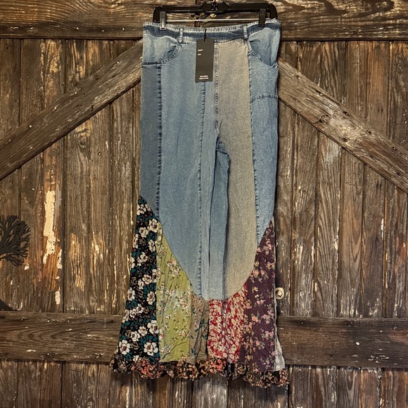 Young Threads Denim - Patchwork Floral Panel Light Blue Wide Leg Jeans